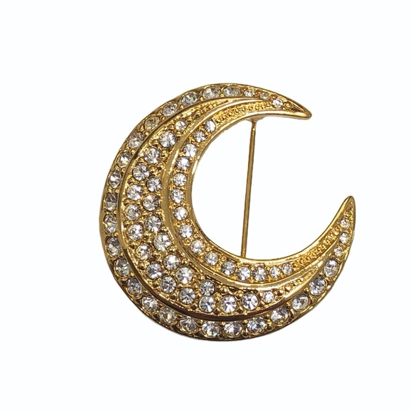 VINTAGE JOAN RIVERS GOLD & CLEAR CRYSTAL CRESCENT MOON BROOCH - Picture 8 of 16